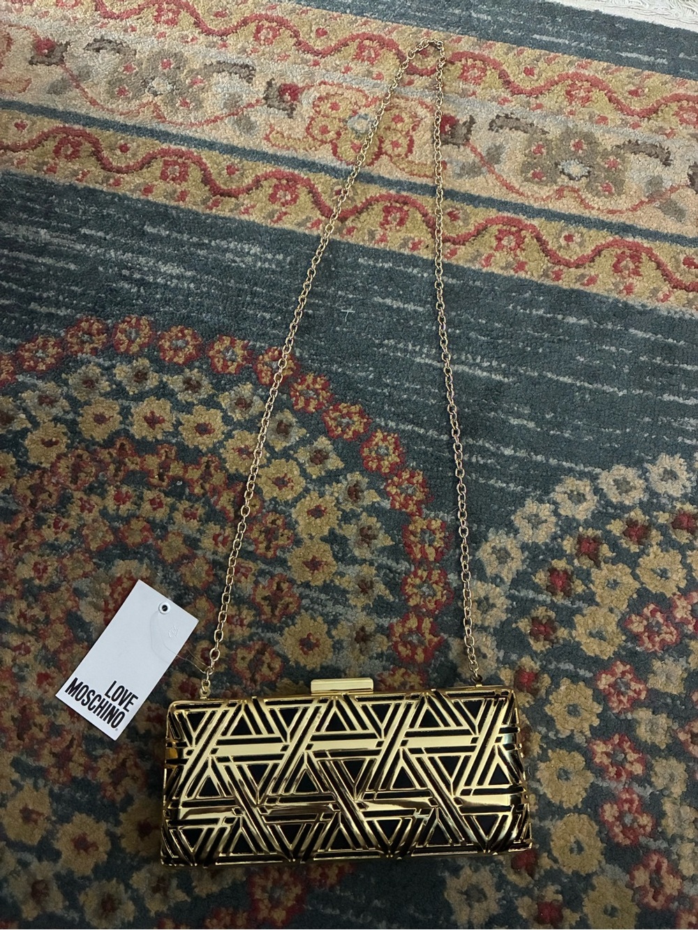 Love Moschino Gold Geometric Metal Clutch with Chain Strap